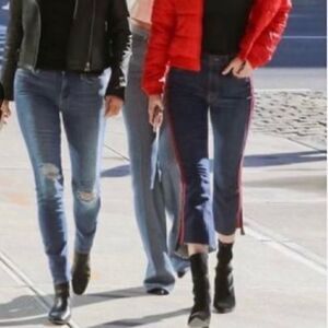 Etienne Marcel Tammy Side Stripe Skinny Double Red Ribbon High Low Raw Hem Jeans